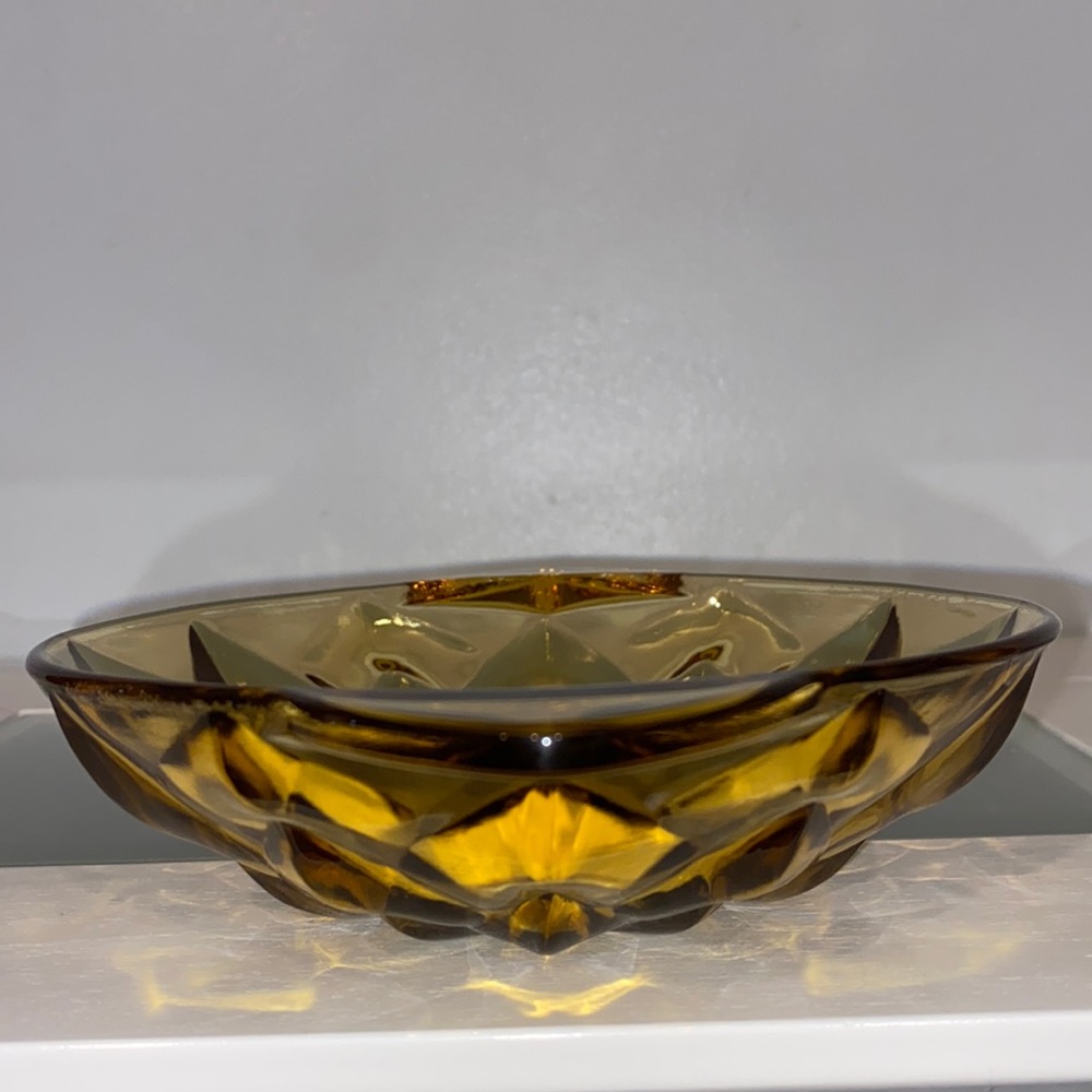 1920s - 1940s Amber Glass Dessert Bowl/ Candy Dish with Chevron Pattern